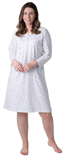Camille Organic Cotton Women's Nightie - Floral Knee Length Ladies Cotton Nightdress | Relaxed Fit Traditional Nighty with Long Sleeves | Flattering Shape Nightwear - Ivory 10-12