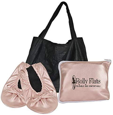 Zapatos planos plegables para mujer, zapatillas de ballet portátiles para viajes, bodas, cabe en el bolso, Oro rosa + bolsa expansible, Small