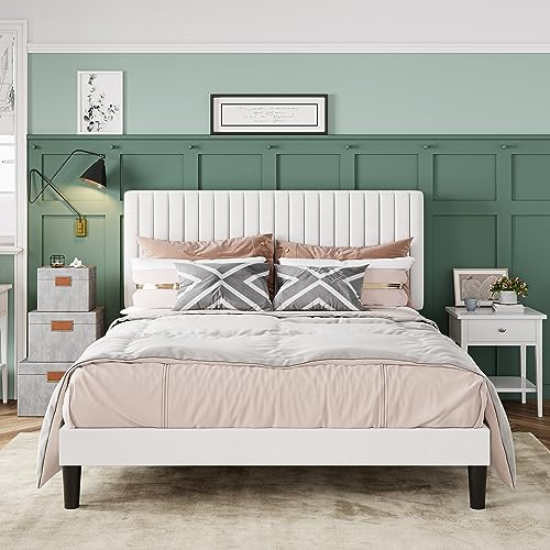 Allewie Queen Bed Frame, Velvet Upholstered Platform Bed with Adjustable Vertical Channel Tufted Headboard, Mattress Foundation with Strong Wooden Slats, Box Spring Optional, Easy Assembly, Off-White
