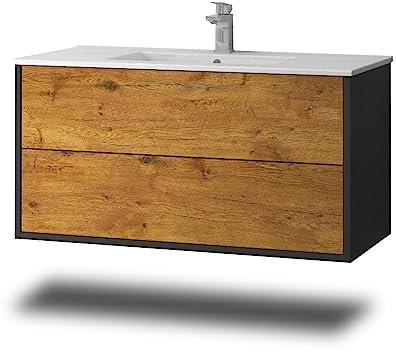 Stil.Zeit Evelia Badmöbel inkl. Waschbecken | Waschtisch mit Unterschrank 100.5 cm | Anthrazit/Dekor Eiche Rustikal| Push-to-Open/hängend