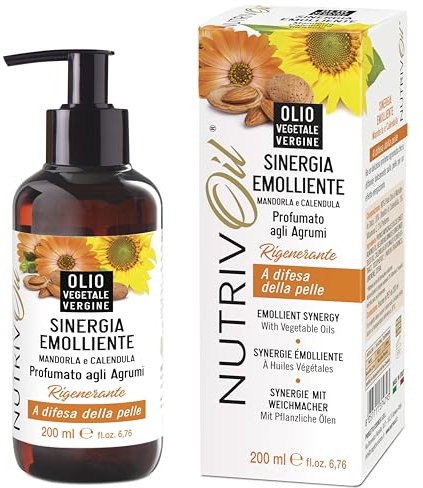 NUTRIVOIL - Olio di Mandorle Dolci, Girasole, Calendula, Vitamina E Naturale - Sinergia Profumata Agrumata - Nutriente, Idratante, Elasticizzante. Flacone 200 ml con dispenser