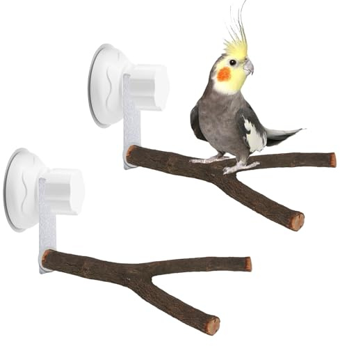 2 Pièces Oiseau Perche Naturel Bois Stand avec Ventouse Support de perchoir pour Oiseaux de Type Y Jouets Parrot Perche pour Cacatoès Ara Inséparables Perruche 25 cm