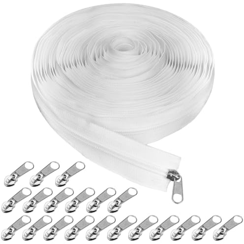 zrfgbxim #5 Cerniera Lampo Lunga 9.3 m, Cerniera Lampo Catena Continua, Cerniera Continua, Cerniere per Cucire, Cerniere Lampo, Zip Cerniere in Nylon per Cucito al Metro, con 20 Pz Terminali, Bianco