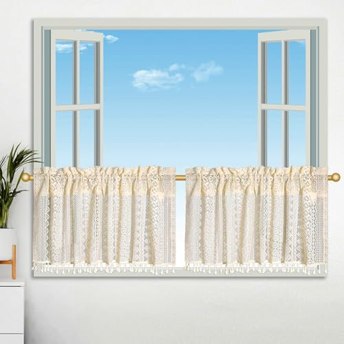 Beydodo Short Kitchen Curtains, Bistro Curtain, Panel Curtain, 45 cm High, Country House Style with Flowers, Geometry Pattern, Semi-Transparent Beige Kitchen Curtains, Window, Set of 2, 100 x 45 cm