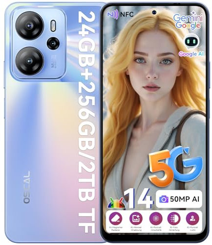 OSCAL Tiger 13 5G Handy ohne Vertrag Gemini AI 24GB+256GB/2TB, Android 14 Smartphone ohne Vertrag 90Hz 6.67 HD+, 50MP AI Kamera, 4K Video, 18W Schnellladung/5000mAh, Face ID/Fingerprint/OTG/NFC