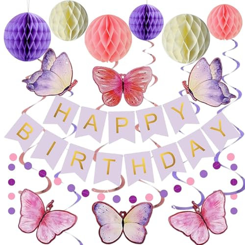 Purple Butterfly Birthday Decoration, Purple Happy Birthday Party Decoration for Girl Woman with HappyBirthday Banner Honeycomb Ball Butterfly Hanging Swirl Streamer, Girl Woman Butterfly Party Pack