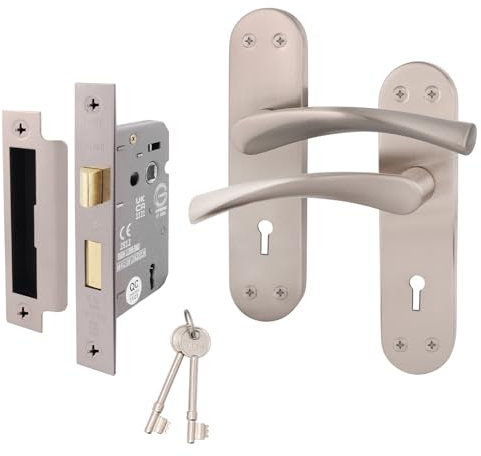 EAI Satin Door Handle Key Lock Set - 1 Pair Satin Nickel Internal Keylock Handles with Lock (64mm) - Novoli Range