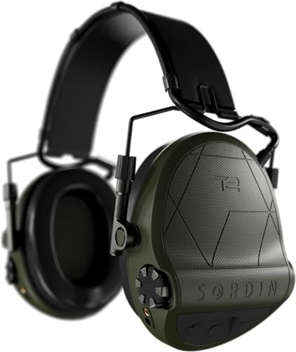Sordin T2 Protector auditivo con cápsulas 303006-10P - Protector auditivo según la norma militar con diadema de cuero - activo y electrónico - Oliva
