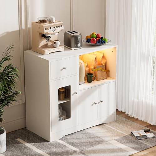 Ztexkee Küchenschrank mit Arbeitsplatte Mikrowelle Buffetschrank mit Steckdose Küche Sideboard mit 1 Schubladen 2 Schränke und Mikrowellenregal Anrichte für Esszimmer, Küche, Wohnzimmer Weiß