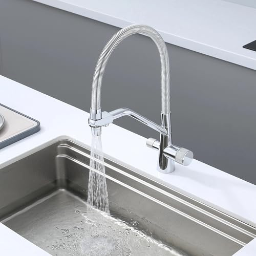 Robinet 3 Voies, Mitigeur De Cuisine Flexible, Robinet Cuisine Rabattable,Robinet D'Évier D'Eau Potable Réglable À 360° (Double Poignée), Corps En Laiton, Chrome, Argent