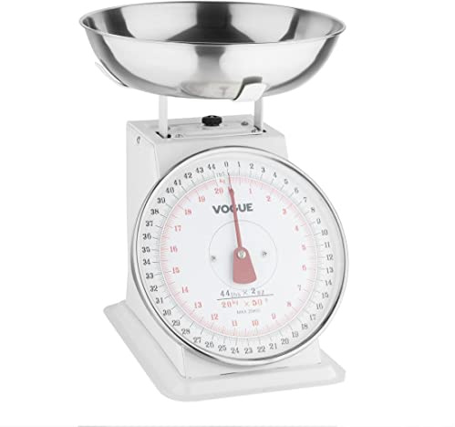 Vogue Traditional Kitchen Scales with Bowl, White, Capacity: 20 kg/44 lbs, Large Removable Pan, Mechanical Kitchen Weighing Scales, Heavy Duty Kitchen Scales, F176