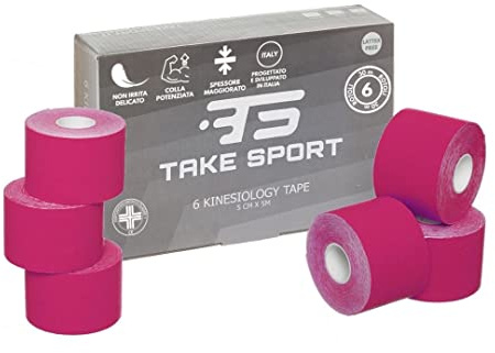 TS Take Sport® Kinesiology Tape 5 cm x 5 m – 6 rollos rosa elástico, kinesiotape de algodón y elastano, cinta kinesiológica adhesiva, vendaje neuromuscular, ideal fisioterapia, crossfit, boxeo