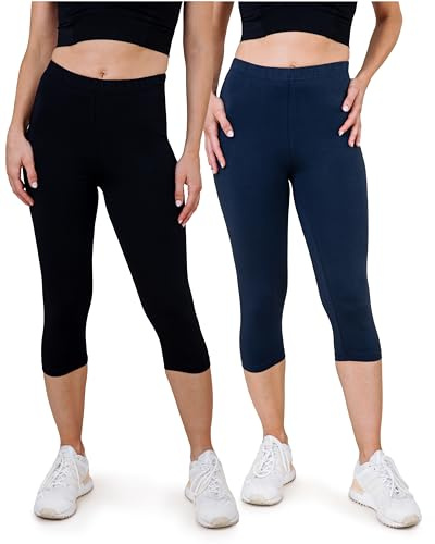 SES Capri leggings dam 3/4 långa – 2-pack 32–34 till 56–58 – ogenomskinliga och elastiska caprileggings med mjuk linning och perfekt passform – bomull med elastan, Svart/marinblå, 44-46