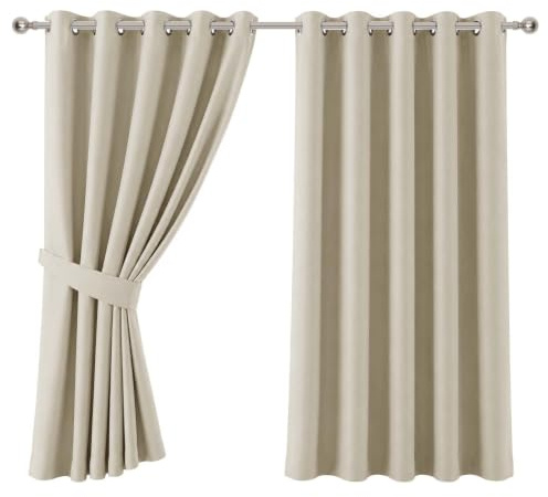 Aspire Homeware Blackout Eyelet Cream Curtains, 66x72 1 Pair & Tiebacks | Eyelet Curtains for Living Room 72” Drop, Thermal Curtains for Living Room, Noise Energy Saving, 2 Panels with Tiebacks