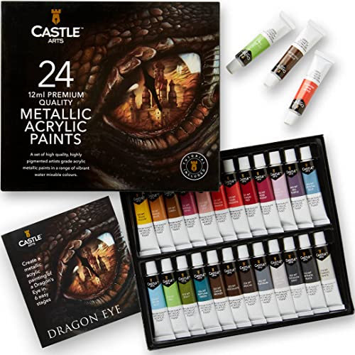 Castle Art Supplies Caja Pinturas Acrílicas Metálicas | 24 Tubos 12ml para Artistas, Principiantes y Artesanos, Calidad Brillante en Diferentes Superficies | Resistente Caja con Bonita Presentación