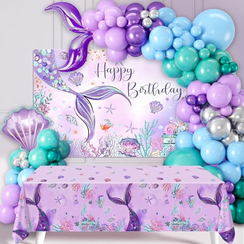 Kit Arche Ballon Sirène, 109pcs Decoration Anniversaire Sirène en Ballon Bleu Vert Violet, Nappe Sirène & Toile De Fond pour Decoration Anniversaire Fête, Mariage, Baby Shower Fille