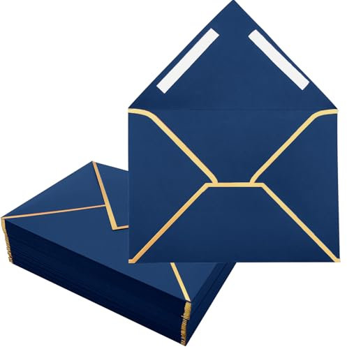 50 Stücke Blaue Umschläge, 16.5 x 12 cm Einladungsumschläge 4 x 6 Zoll Selbstklebende Briefumschläge V-Klappe Folienrand Luxus Versandumschläge für Hochzeit, Einladungen, Babyparty, Geburtstag