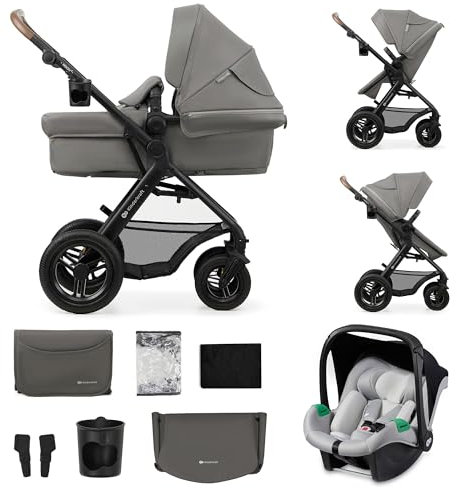 Kinderkraft MOOV2 AIR Kinderwagen 3 in 1 Kinderwagenset bis 22 kg mit Kindersitz I-SIZE 40-75 cm, Buggy Funktion, Liegeposition verstellbar, Große ausziehbare Verdeck, Aufblasbare Räder, Hellgrau
