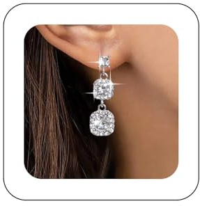 Yheakne Vintage Crystal Dangle Earrings Silver Rhinestone Square Earrings Long Rhinestone Drop Earrings Wedding Chandelier Earrings Jewelry for Women and Girls