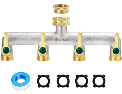 iBamso Splitter per Tubo da Giardino, Splitter per Rubinetto a 4 Vie, in Ottone Resistente, Adattatore per Tubo Flessibile da 3/4, connettore esteso per Rubinetto con Manico in Metallo con valvole