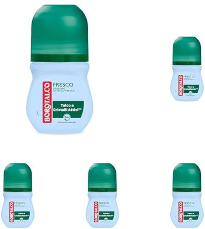 Borotalco, Deodorante Roll On Fresco, Formula Senza Alcool e con Talco a Cristalli Attivi, Tripla Protezione Asciutta, Profumo di Talco Fresco, 48h di Efficacia - 1 Flacone da 50 ml (Confezione da 5)