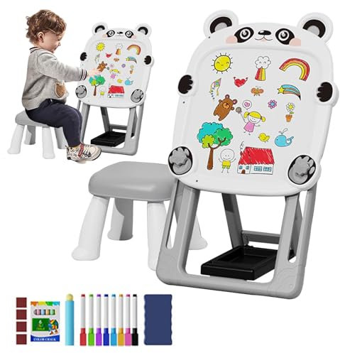 Lavagna nera magnetica, cavalletto artistico per bambini - Lavagna magnetica bifacciale regolabile in piedi | Lavagna da disegno per bambini, lavagna magnetica con staffa pieghevole con sedia per bamb