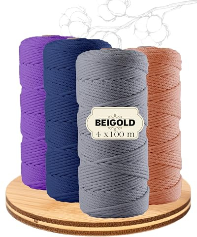 BEIGOLD® Premium makramégarn (3 mm x 100 m) – set om 4 färgglada 2 (blå, lax, lila, grå)
