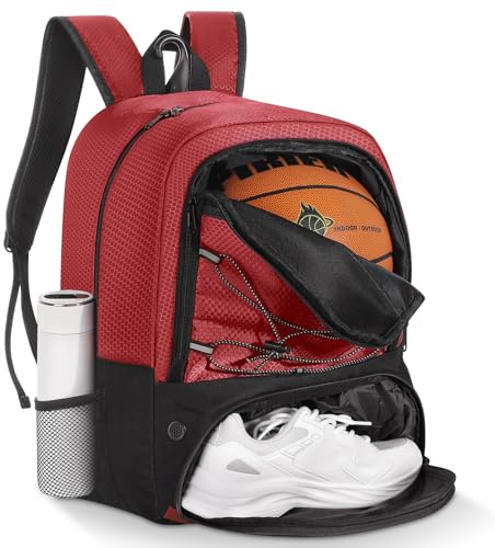 MoKo Sac à dos de sac de basket-ball, sac à dos de football pour hommes et femmes avec compartiments séparés pour le ballon et les chaussures, résistant à l’eau, crochet de clôture, sac de sport,Rouge