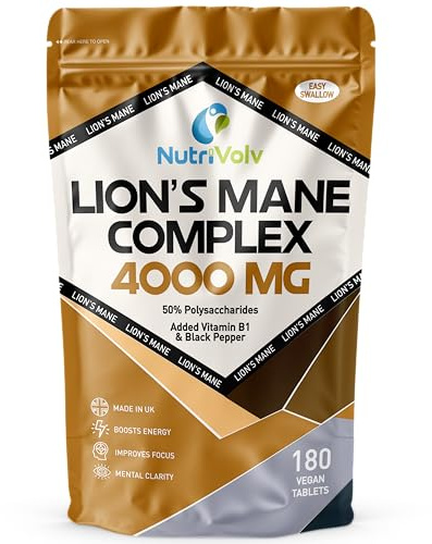 Lions Mane Supplement 4000mg with Vitamin B1 & Black Pepper | 180 Vegan Tablets | Lion's Mane Mushroom 20:1 Extract (Not Lions Mane Powder or Capsules) | Mental Performance & Nervous System | UK Made