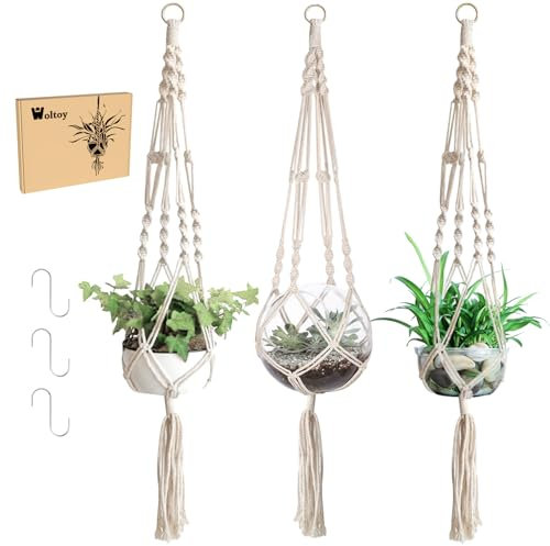 Woltoy 3 Pezzi Macrame Portavaso da Appendere per Piante da Interno ed Esterno, Bianco Sospesi Portavasi per Piante, Plant Hanger da Balcone