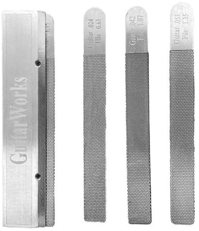 Laroal 4-teiliges Gitarren-Sattelfeilen-Set, runder Schlitz, Gitarrenbunddraht-Ersatz, Feilen-Nivellierwerkzeug, Sattelschlitzfeilen-Set, Holzgitarren-Werkzeug, 95 g, mit Polierwerkzeug