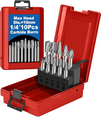 Sworker 10Pcs Carbide Burr Set 1/4 Shank w/Red Box Max Head Dia 10mm Die Grinder Bits Rotary Tools Attachment Kit Rasp Accessories Metal Wood Stone Steel Grinding Deburring Cutting Porting Carving