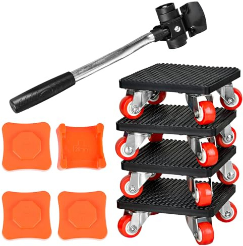 4 Pezzi Spostare Mobili Pesanti Set, Ruote Girevoli a 360°, Capacità di Carico di 500 kg, con 4 Piedini di Sollevamento e Aste di Prolunga, per il Trasporto di Merci Pesanti e Mobili (Nero)