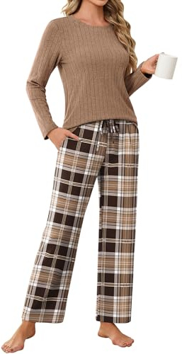 Ekouaer Pigiama Donna Invernale Caldo Lungo, Marrone, S