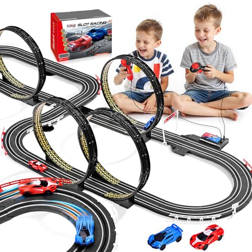 Slot Car Race Track Set for Kids Boys Girl Ages 6-7 8-12, High-Speed Race Car 1:64 Scale Battery Powered or Plug in Electric Race Car Track for Kids 6-7 8-12, Dual Racing Slot Car Game for Children