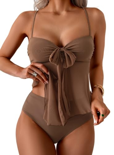 B2prity Tankini Swimsuits for Women, Tummy Control Flowy Mesh Tops, High Waisted Bottoms, Coquette 2 Piece Bathing Suits Brown