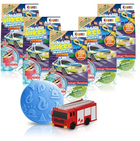 INKEE Pack de 5 Bombes de bain surprise Rescue Crew – 5x Boules de bain enfant avec surprise à l'intérieur, mini véhicule de secours à collectionner, bain moussant enfant