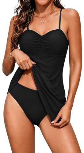 Rayson Trajes de Baño Mujer 2 Piezas Volante Tankini Bañador Plisado Abdominal Top y Bottom Conjunto de Tankini Tirantes Ajustables(Negro,XXL