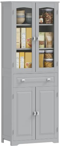 HOMCOM Kitchen Cupboard Cabinet 2 Adjustable Shelves 160cm Grey | Drawer, Glass Door, Freestanding, Living Room, Dining Room