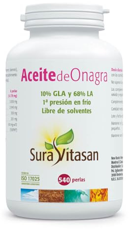 SURA VITASAN Aceite de Onagra 500 mg 540 Perlas – 68% LA y 10% GLA con Vitamina E Natural – Equilibrio Hormonal Femenino, Confort en el Ciclo Menstrual y Salud de la Piel – Primera Presión en Frío