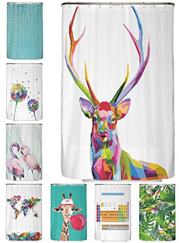 arteneur® - Bunter Hirsch - Anti-Schimmel Duschvorhang 120x200 - Recycelt mit Öko-Tex Standard 100 - Beschwerter Saum, Blickdicht, Wasserdicht, Waschbar, 8 Haken & E-Book