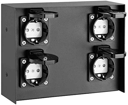 Bakaji Mehrfachsteckdose für den Außenbereich zum Boden und an der Wand, Säule, 4 Steckdosen, Shucko, wasserdicht, IP44, mit Tür, Gestell aus Stahl, Farbe Schwarz, 20 x 7 x 16 cm