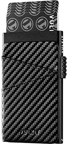 VULKIT Tarjetero Hombre Pequeño Pop Up con 2 Ranuras de Piel Minimalista Carteras para Hombre RFID Bloqueo Tarjeteros Metalico Slim Rigido Porta Tarjetas, Fibra de Carbono