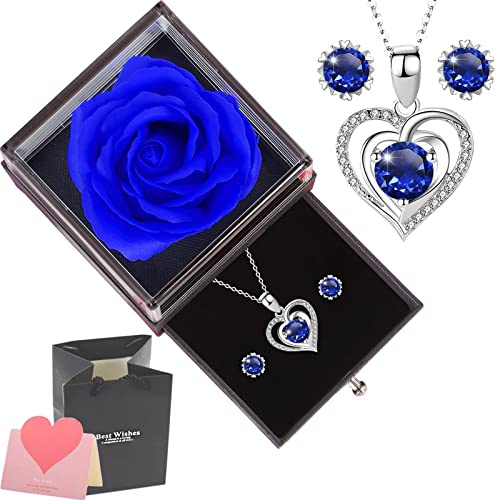 Real Rosa Eterna, Caja de Regalo de Collar, Flores Preservadas Eterna Hecha a Mano Rosa con Collar con Arete, Románticos Regalo para Esposa/Novia para Día de San Valentín/Aniversario Bodas/Cumpleaños