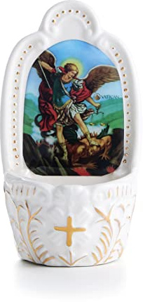 KOMI Porcelain Catholic Holy Water Font Saint Michael Holy Water Font for Entrance of Home Church Wall Hanging Decor Great Gift for First Communion, Confirmation, or New Home