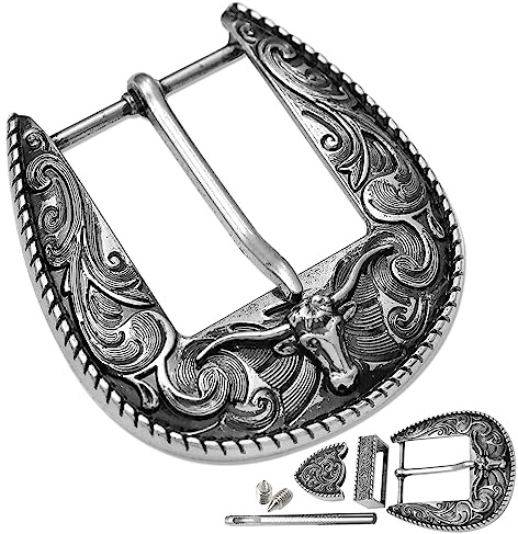 RechicGu 3Pcs Western Replacement Belt Buckles 1.5(38mm) LongHorn Bull Engraved Single Prong Square Buckle Vintage Cowboy Rodeo Reversible Belt Accessory for Men Women Silver