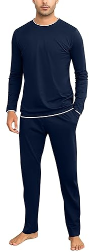 Aseniza Pijamas Hombre Invierno de Manga Larga de Algodón Pantalon Pijama Hombre Conjunto de Pijama de Hombre 2 Pieza(466-Azul Marino,L