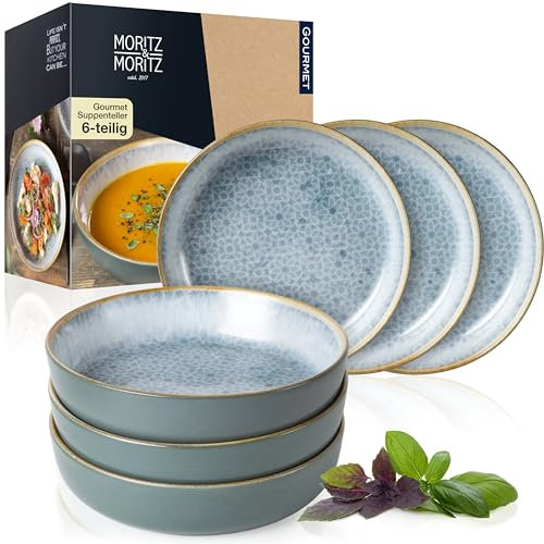 Moritz & Moritz TERRA Juego de 6 Platos Hondos Azul de 700 ml Cada Uno - Ø 19 x 4,5 cm - en Azul Radiante de Porcelana - Platos Hondos para Sopas, Ensaladas, Cereales, Pasta