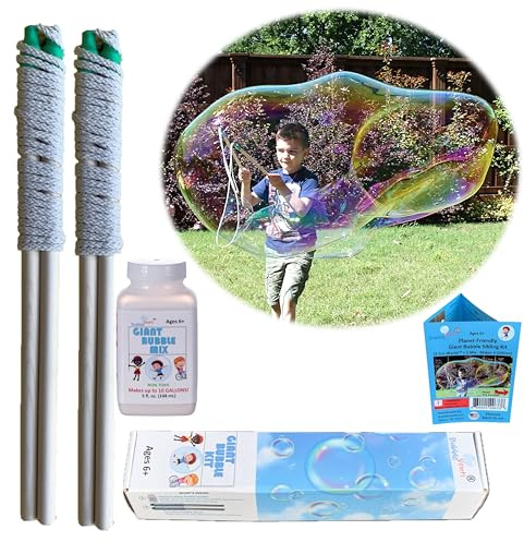 | Made in USA | Includes Two Wooden Wands, a Tips/Tricks Booklet, and 1 Large Bottle of Bubble Mix - Makes Gallons of Big Bubble Solution for Parties and Fun (Party: 2 Wands and Large Mix)