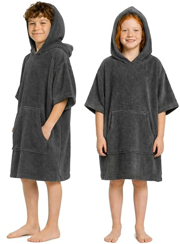CalmyBEACH Poncho da Bagno in Spugna per Bambini Ragazzi - Ragazze Poncho da Surf 100% Cotone Poncho da Spiaggia Asciugamano con Cappuccio Accappatoio Antracite 10-13 Anni